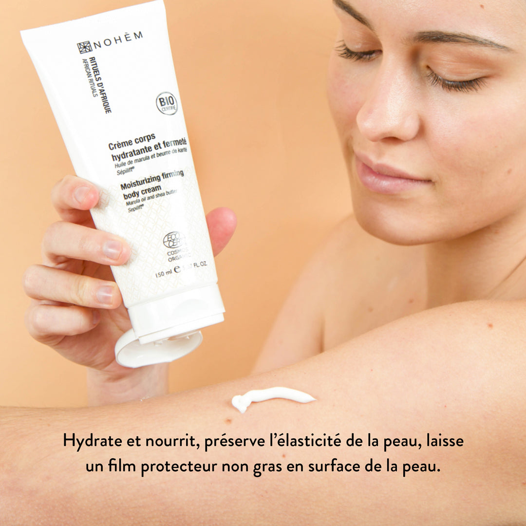 application de la crème raffermissante corps bio Nohèm sur les bras