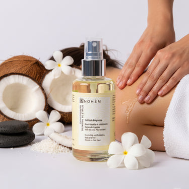 huile de massage professionnelle à l'huile de coco et à la fleur de tiaré