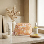 trousse coton bio GOTS imprimé floral pompon rose