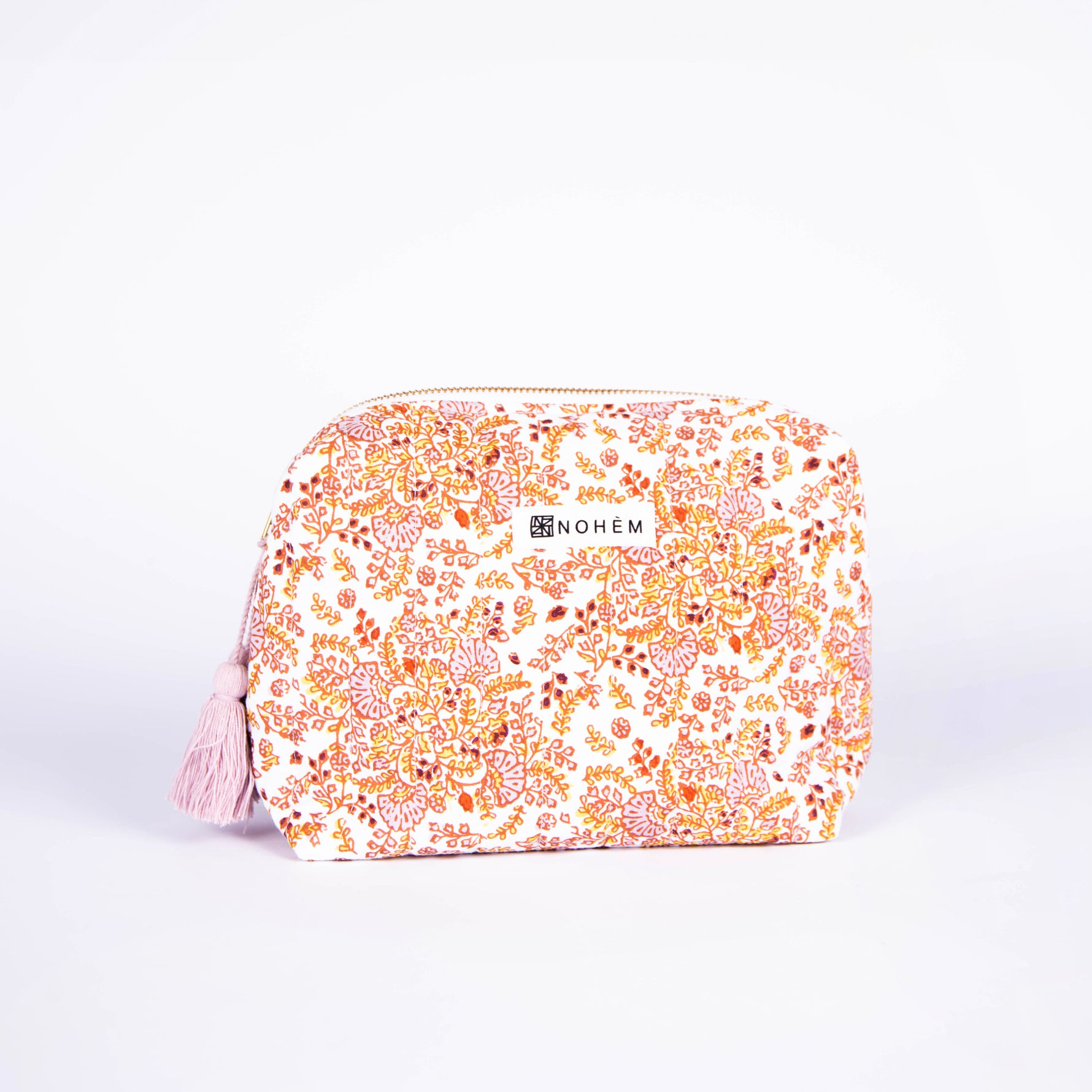 trousse coton bio GOTS imprimé floral pompon rose