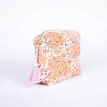 trousse coton bio GOTS imprimé floral pompon rose