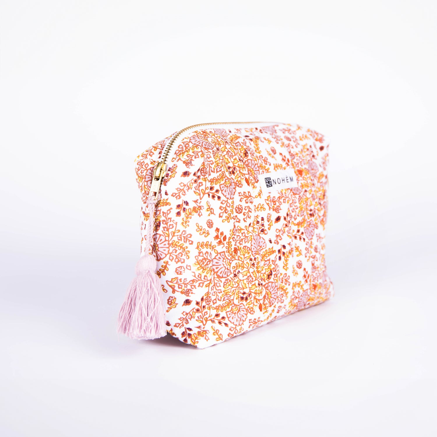 trousse coton bio GOTS imprimé floral pompon rose