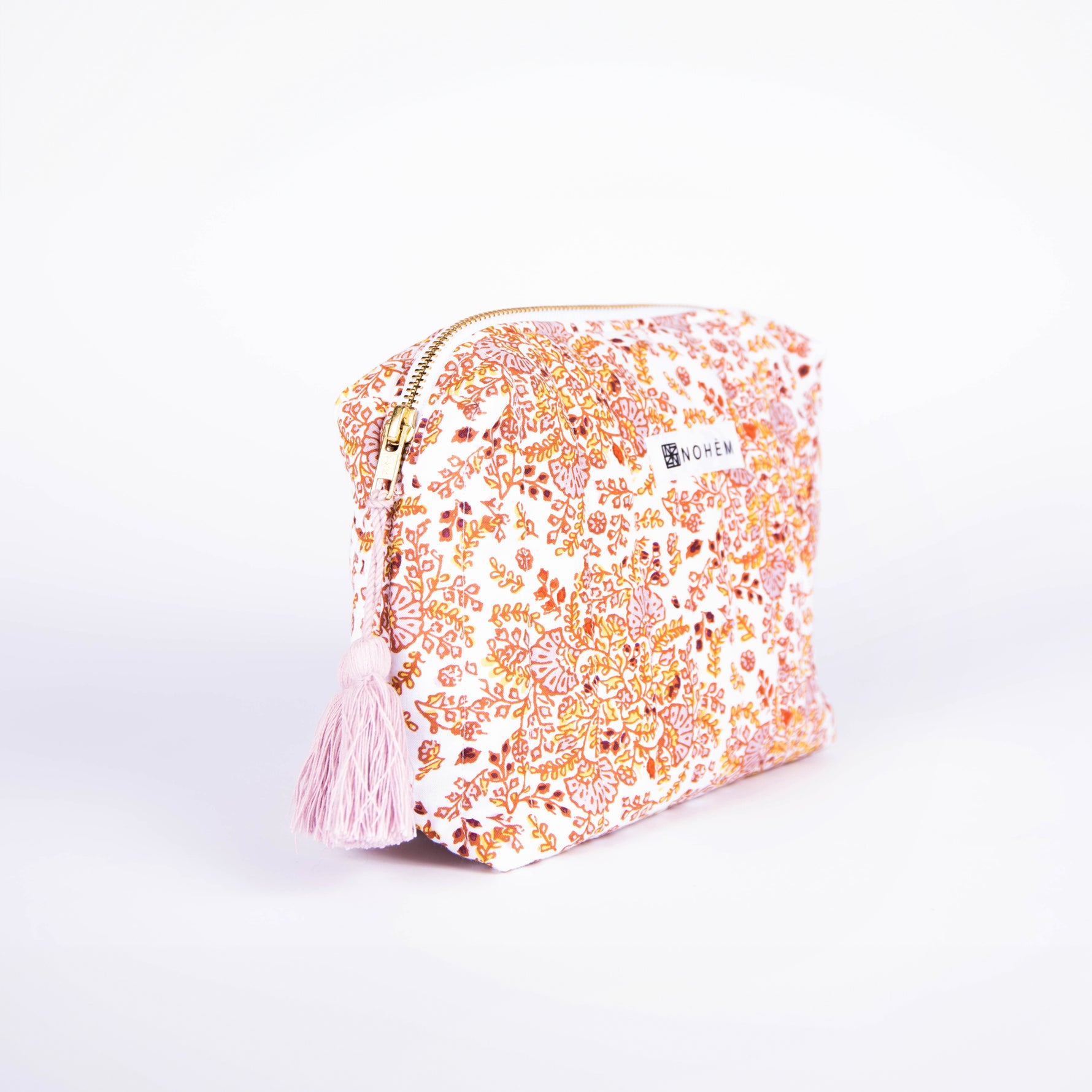 trousse coton bio GOTS imprimé floral pompon rose